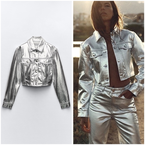 Zara Women's Shiny Silver Cropped Jacket - Picture 1 of 4